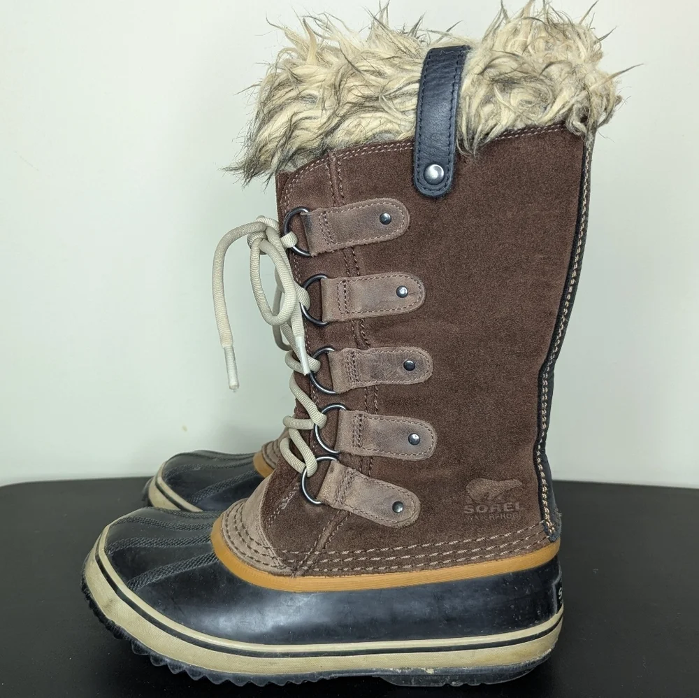 Sorel‎ Joan of Arctic Brown Suede Faux Fur Lace Up Waterproof Boots Women’s 7